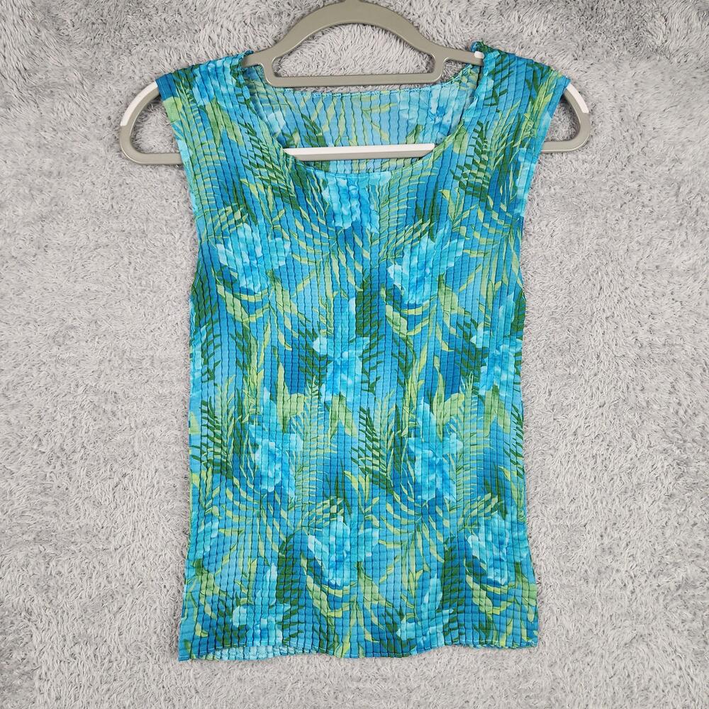 Vintage Notations Tank Top Womens Small Blue Tropical Pleated Crinkle Boho Y2k